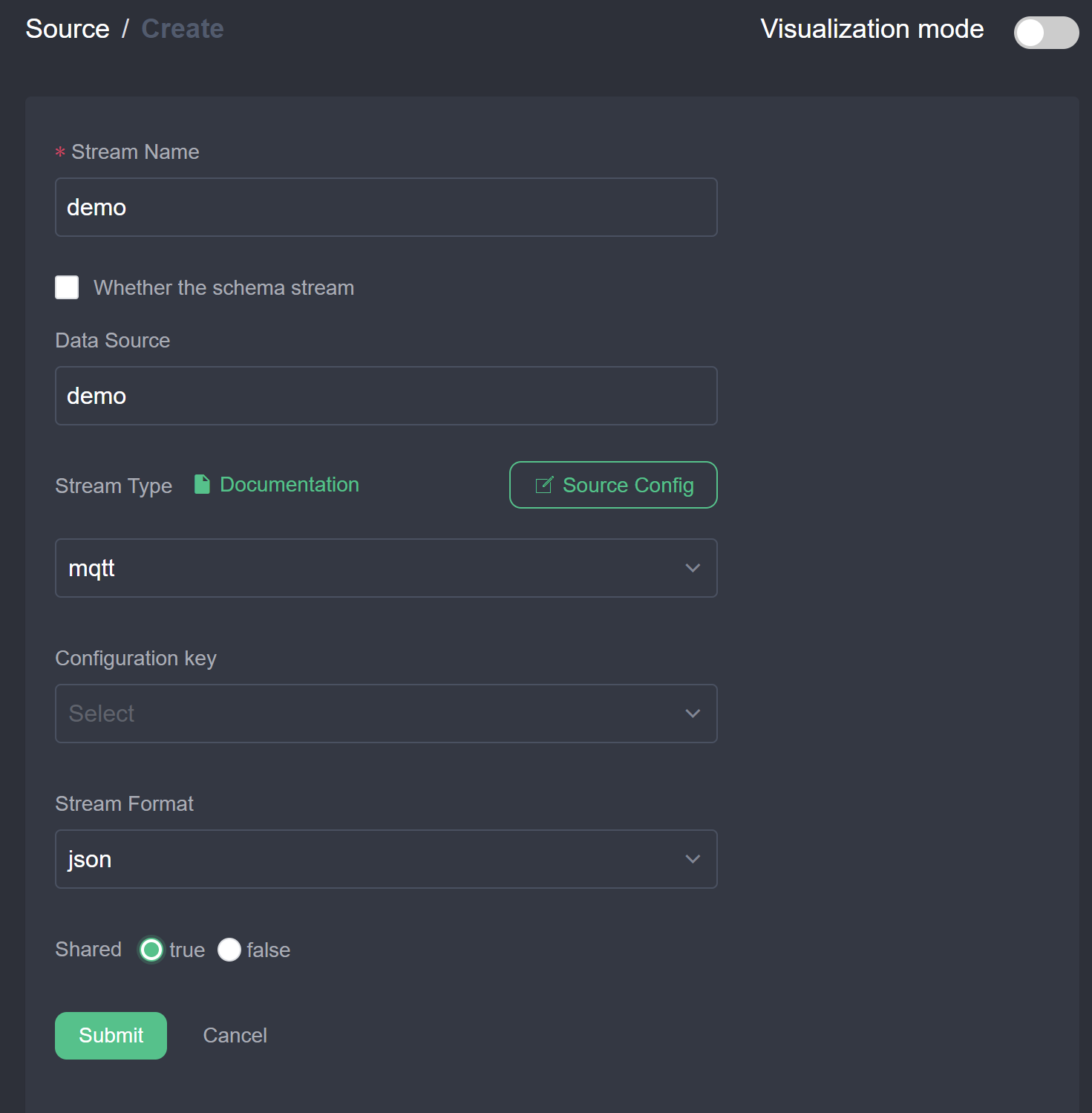 Create stream with JSON format