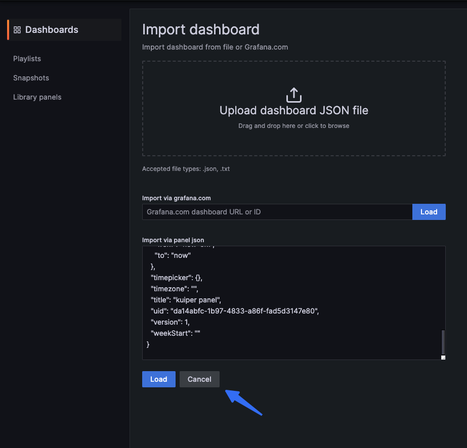 Paste JSON into Grafana