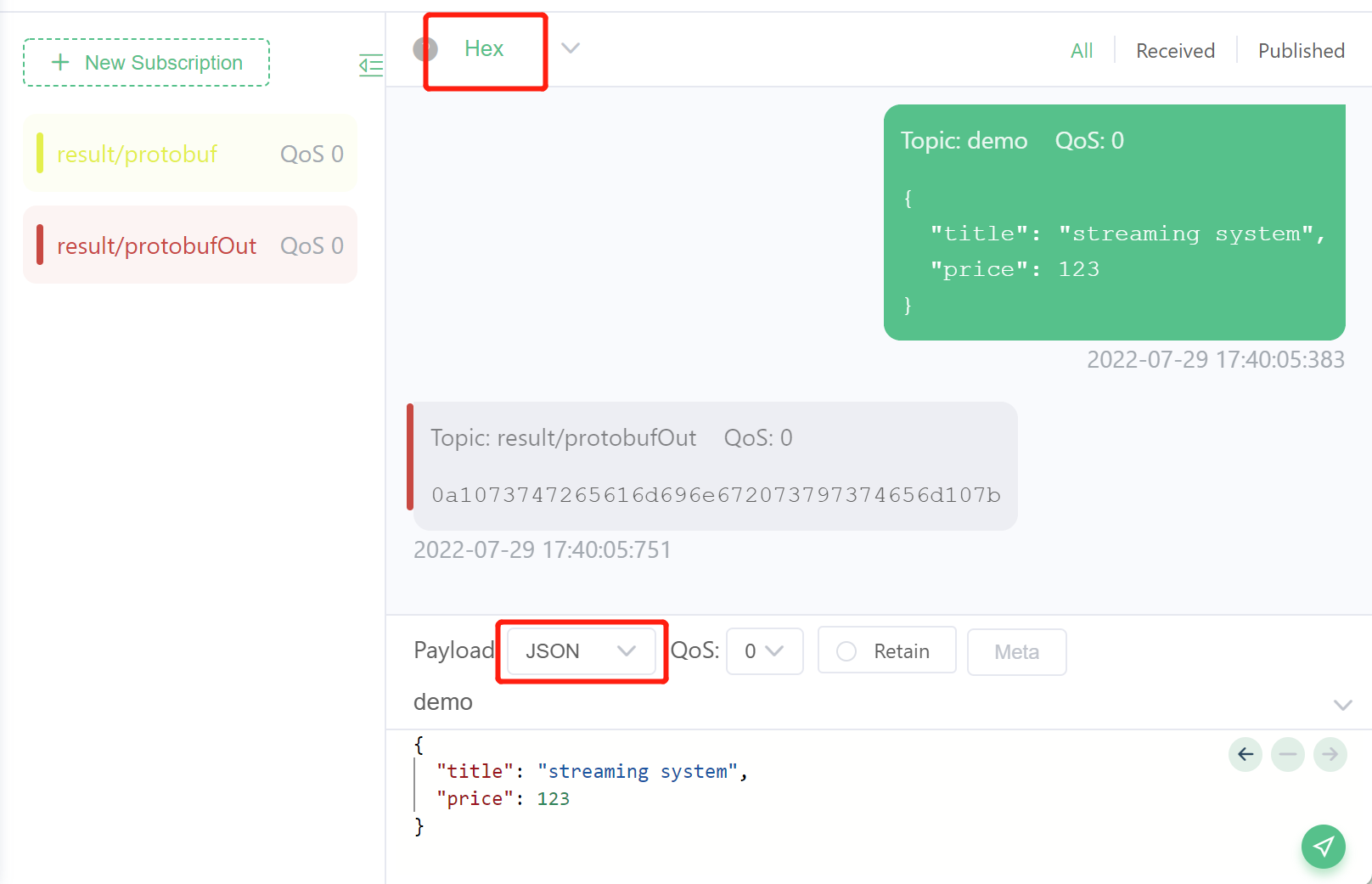 Receive encoded Protobuf payload