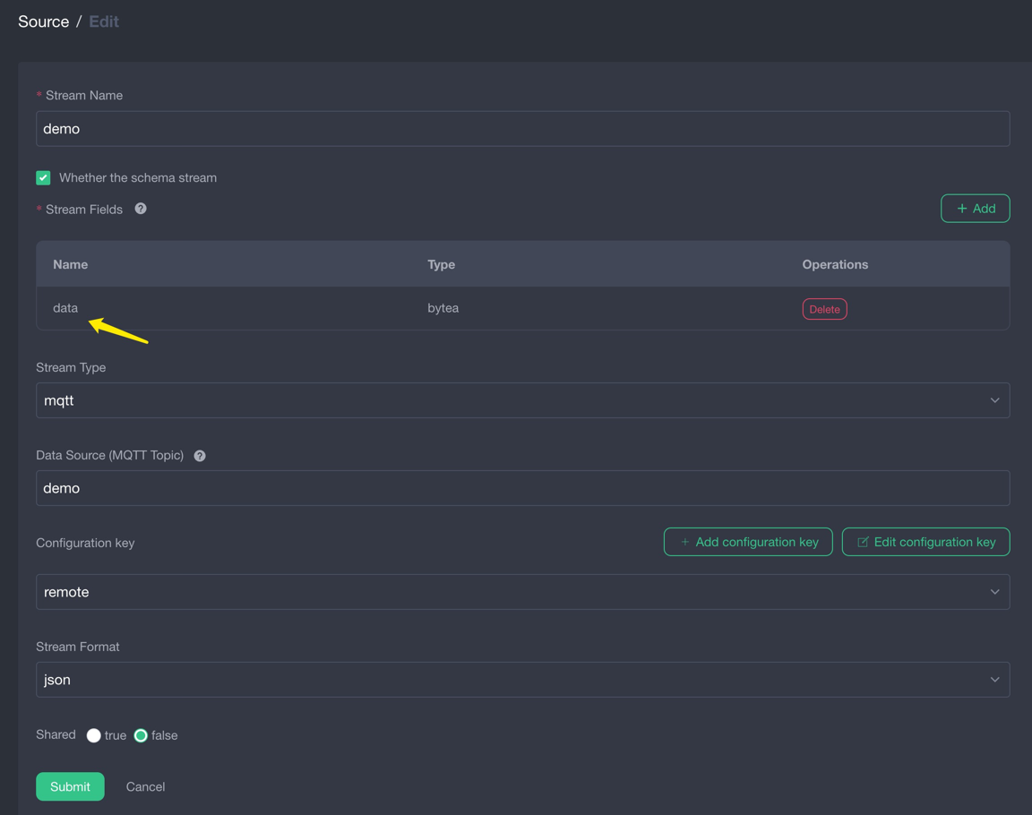 Configure stream schema