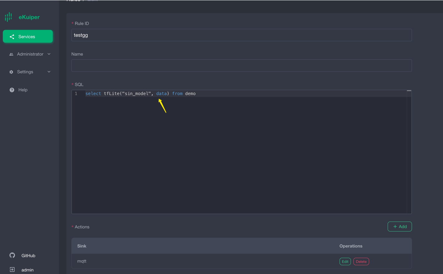 Configure sine model rule
